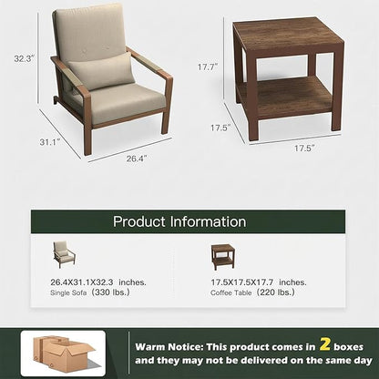 Patio Furniture Set, 3 Pieces Outdoor Patio Furniture with Coffee Table Set, Metal Patio Conversation Sets with Washable and High-Resiliency Sponge Cushions, Upgarded Beige