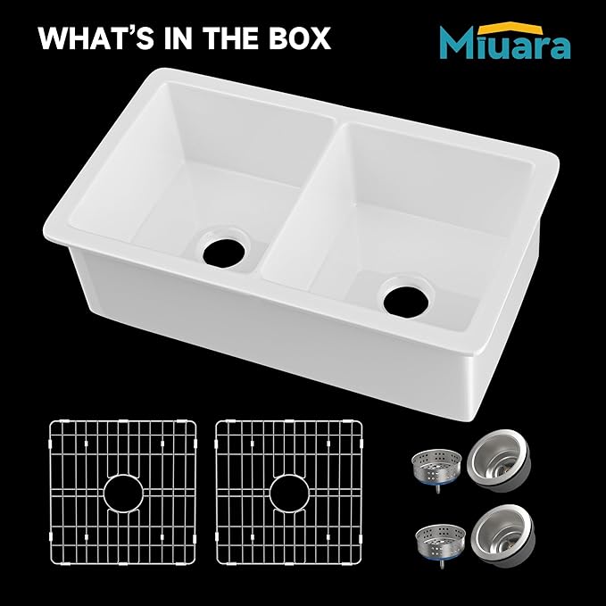 Miuara White Undermount Kitchen Sink 32 Inch Double Bowl 50/50 - Topmount Fireclay Drop In Sink 32"x19"x10", Dual Mount, Heavy Duty Dual Basin, with 4 Custom Accessories, Glossy White, for Kitchen