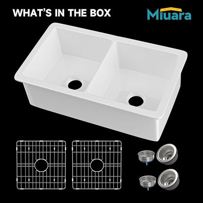 Miuara White Undermount Kitchen Sink 32 Inch Double Bowl 50/50 - Topmount Fireclay Drop In Sink 32"x19"x10", Dual Mount, Heavy Duty Dual Basin, with 4 Custom Accessories, Glossy White, for Kitchen