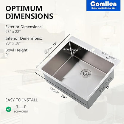 Comllen 25 x 22 Inch Drop In Kitchen Sink, Brushed Nickel Topmount 16 Gauge Stainless Steel Kitchen Sinks, 8 Inch Deep Utility RV Sink