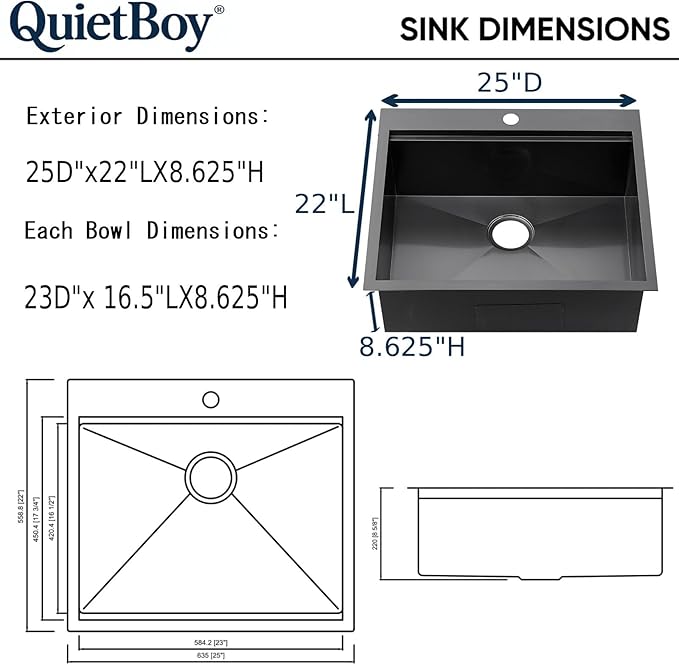 QuietBoy 25" Black Workstation Kitchen Sink, 16 Gauge Stainless Steel Drop-In Single Bowl Sink, Topmount Farmhouse Sink for Kitchen & RV, Deep Basin with Ledge & Accessories (Black, 2522)