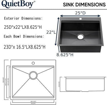 QuietBoy 25" Black Workstation Kitchen Sink, 16 Gauge Stainless Steel Drop-In Single Bowl Sink, Topmount Farmhouse Sink for Kitchen & RV, Deep Basin with Ledge & Accessories (Black, 2522)