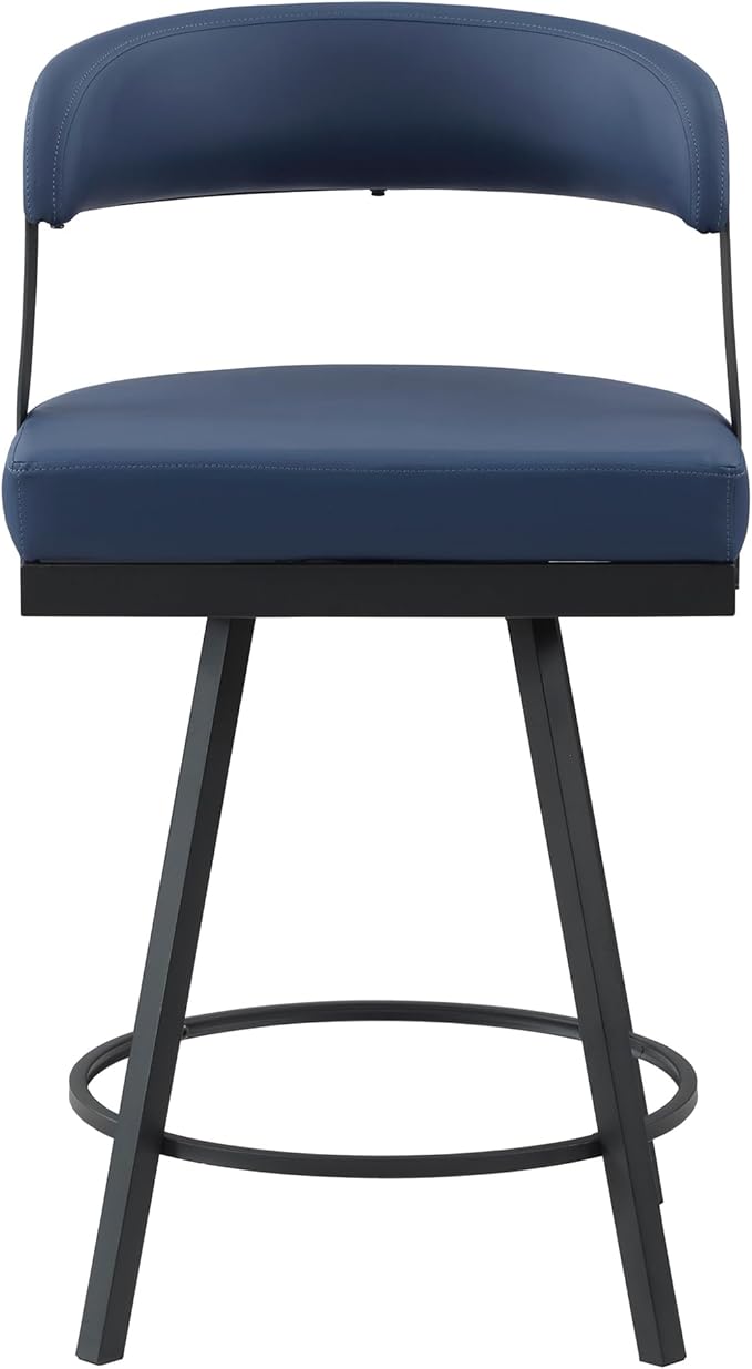 Lexicon Swivel Counter Height Stools Set of 2 - Counter Height Stools for Kitchen Island, Padded Seat, Open Back, Sturdy Black Metal Frame Finish and Blue Faux Leather Cushion Seat, Blue