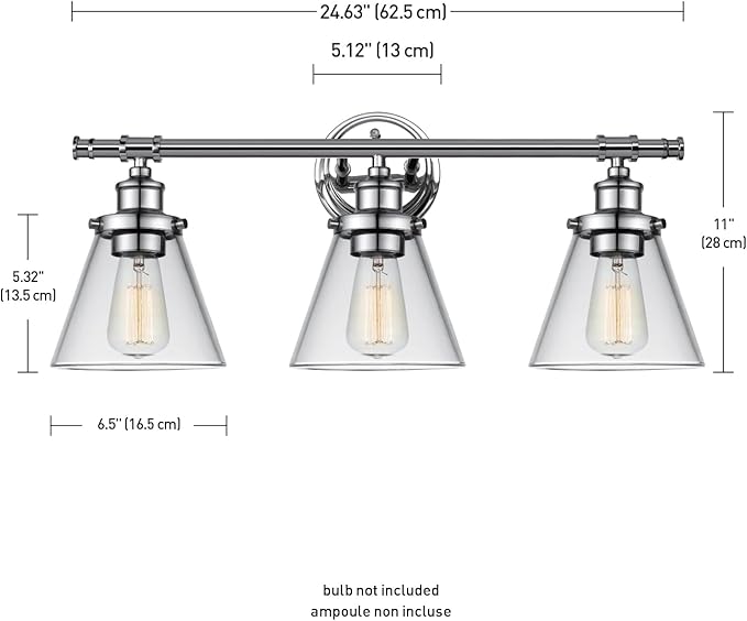 Globe Electric 51445 Parker 3-Light Vanity Light, Chrome, Clear Glass Shades, Bulb Not Included