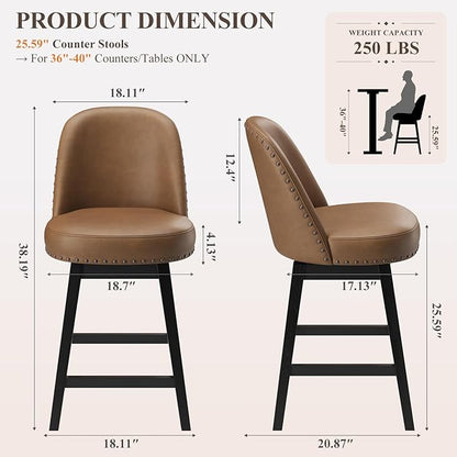 MALOL Swivel Bar Stool, PU Leather Mid Century Mondern Barstool, 26 inch Counter Height Bar Chair with Solid Back and Wood Legs, for Kitchen Island，Brown