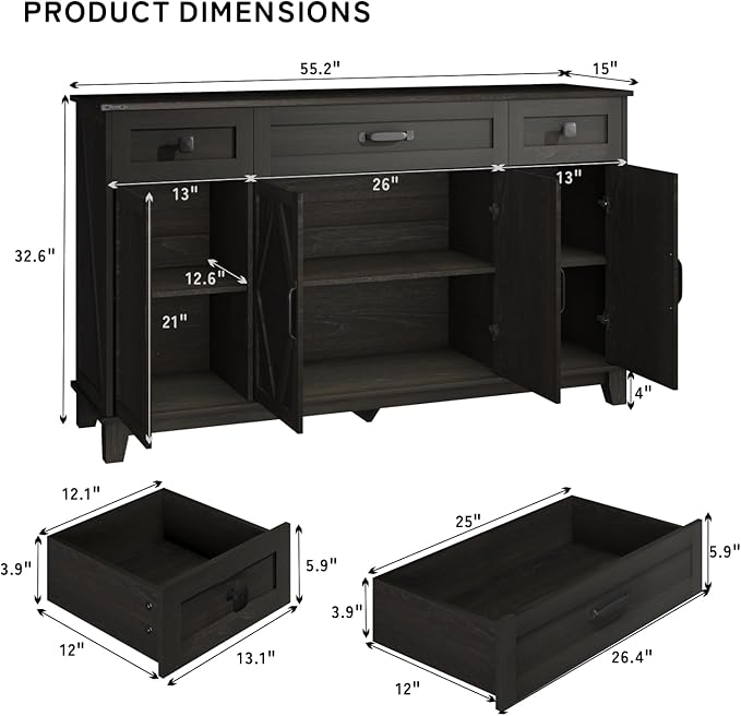 Farmhouse Buffet Cabinet with Drawers, 55" Large Sideboard Kitchen Buffet Storage Cabinet with 3 Adjustable Shelves and Doors Heightened Table Wood Coffee Bar for Kitchen Living Room, Black