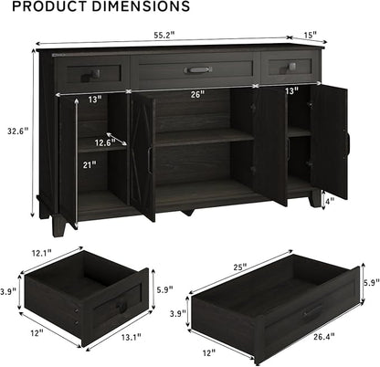 Farmhouse Buffet Cabinet with Drawers, 55" Large Sideboard Kitchen Buffet Storage Cabinet with 3 Adjustable Shelves and Doors Heightened Table Wood Coffee Bar for Kitchen Living Room, Black