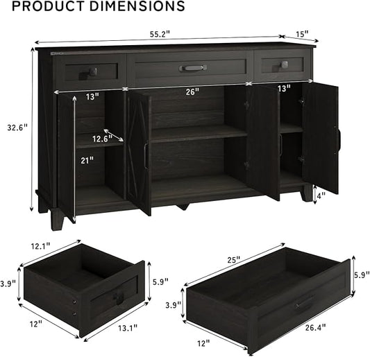 Farmhouse Buffet Cabinet with Drawers, 55" Large Sideboard Kitchen Buffet Storage Cabinet with 3 Adjustable Shelves and Doors Heightened Table Wood Coffee Bar for Kitchen Living Room, Black