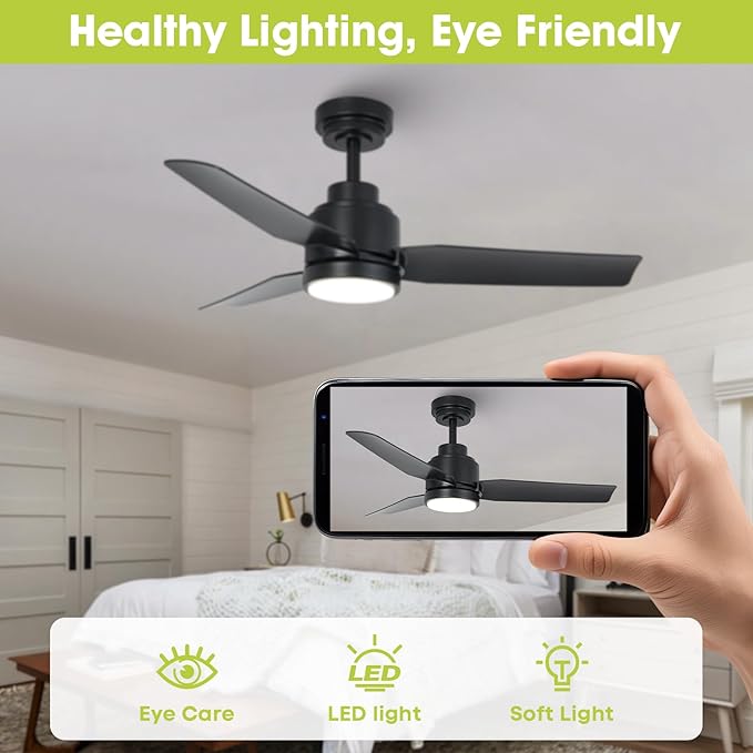 42 Inch Black Ceiling Fans with Lights and Remote/APP, Modern Ceiling Fan for Living Room Outdoor Ceiling Fan 6-Speed Adjustable Reversible DC Motor Timer Noiseless 3CCT Dimmable for Bedroom Office