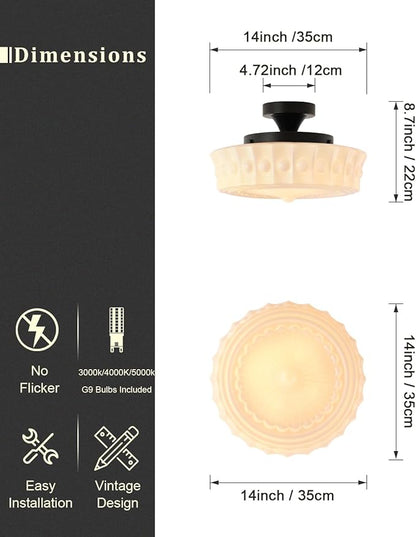Vintage Milk White Glass Ceiling Light,Schoolhouse 13.8'' Flush Mount Ceiling Light Fixture,Mid Century Design for Bedroom,Hallway,Kitchen & Dining Room,4 LED Bulbs Included