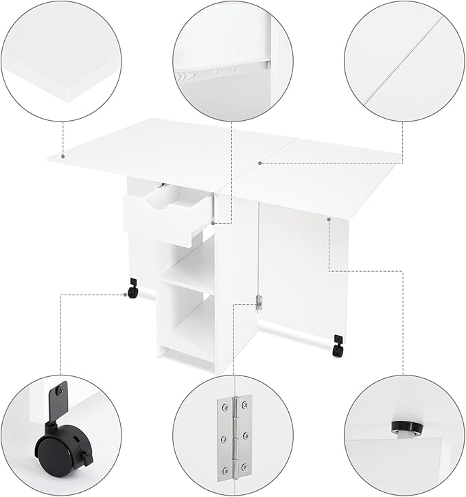 Folding Dining Table, Drop Leaf Table for Small Space with Drawer and Open Storage Shelves, Modern Rectangular Kitchen Dining Table, 47.2" L x 28.3" W(White)