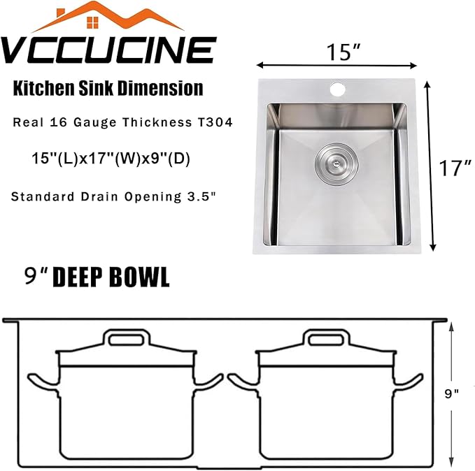 VCCUCINE Bar Sink Drop in, 15 x 17 Inch Topmount RV Small Kitchen Sink, 16 Gauge Overmount Stainless Steel Laundry Wet Bar Sink, Top Mount Outdoor Single Bowl,Brushed Nickel Prep Sink with Accessories