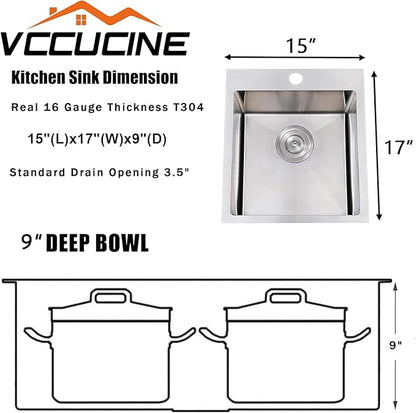 VCCUCINE Bar Sink Drop in, 15 x 17 Inch Topmount RV Small Kitchen Sink, 16 Gauge Overmount Stainless Steel Laundry Wet Bar Sink, Top Mount Outdoor Single Bowl,Brushed Nickel Prep Sink with Accessories