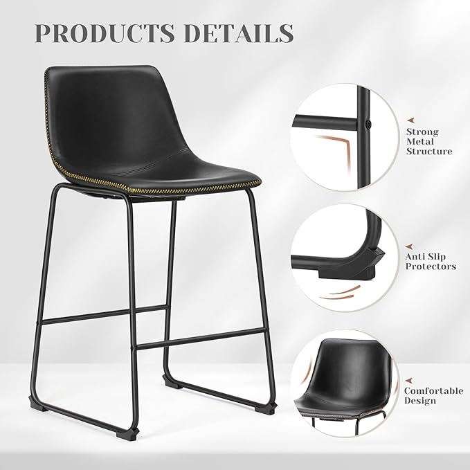 DUMOS Counter Height Bar Stools Set of 2, 30 inch Height Stool Faux Leather Barstools with Back, Armless Kitchen Island Countertop Comfortable Modern Chairs with Metal Legs - Classic Black