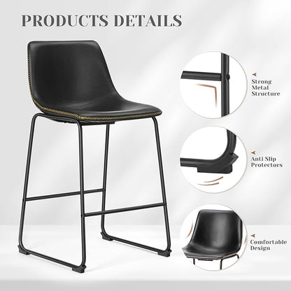 Sweetcrispy Counter Height Bar Stools Set of 4, 30 inch Height Stool Faux Leather Barstools with Back, Armless Kitchen Island Countertop Comfortable Modern Chairs with Metal Legs, Elegant Black