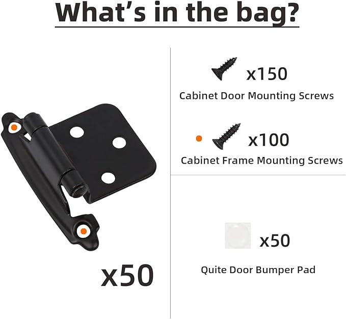 Decobasics 1/2" Overlay Matte Black Cabinet Hinges 50 Pack (25 Pair) Self Closing Bath & Kitchen Cabinet Hinges Black Flush Mount w/Door Bumpers & Upgraded Screws