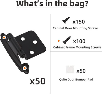 Decobasics 1/2" Overlay Matte Black Cabinet Hinges 50 Pack (25 Pair) Self Closing Bath & Kitchen Cabinet Hinges Black Flush Mount w/Door Bumpers & Upgraded Screws