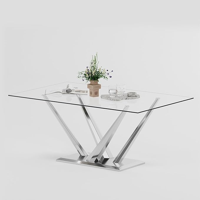 Luxury Silver Glass Dining Table for 4-6 Modern 63-Inch Rectangular Kitchen & Dining Room Table with Double V-Shape Stainless Steel Base Large Clear Glass Top Dining Table for Home Office