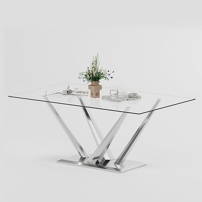 Luxury Silver Glass Dining Table for 4-6 Modern 63-Inch Rectangular Kitchen & Dining Room Table with Double V-Shape Stainless Steel Base Large Clear Glass Top Dining Table for Home Office