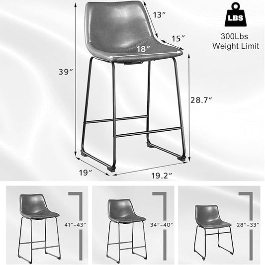 LEMBERI 30 inch Bar Stools Set of 2, Modern Counter Height Bar Stools, Faux Leather Barstool with Back and Metal Leg, Armless Bar Chairs for Kitchen Island (Grey, 2pcs 30")