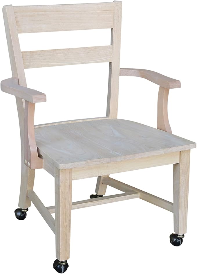 IC International Concepts, Solid Wood Dining Chair with Casters, Unfinished, 225lbs wt capacity, Solid Real Wood, Sturdy Parawood, DIY, Paint/Stain Ready, Unfinished