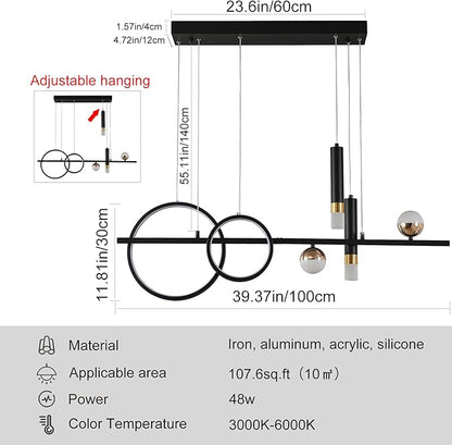 Siittoo Modern Chandeliers for Dining Room, Dimmable Led Linear Pendant Light with Remote Control, Black Gold Pendant Lighting Hanging Light Fixtures for Kitchen Island, Dining Room, Living Room (48W)