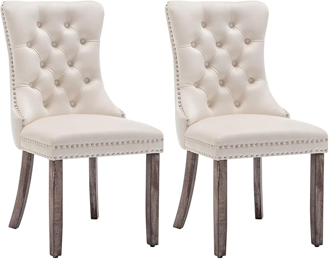 Eifizek Velvet Dining Chairs Set of 2, Tufted Dining Room Chairs with Nailhead Ring Pull Trim, Upholstered Dining Chairs with Solid Wood Legs for Kitchen Dining Room (Beige)
