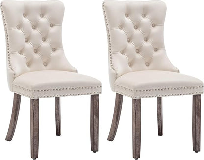 Eifizek Velvet Dining Chairs Set of 2, Tufted Dining Room Chairs with Nailhead Ring Pull Trim, Upholstered Dining Chairs with Solid Wood Legs for Kitchen Dining Room (Beige)