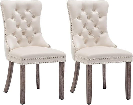 Eifizek Velvet Dining Chairs Set of 2, Tufted Dining Room Chairs with Nailhead Ring Pull Trim, Upholstered Dining Chairs with Solid Wood Legs for Kitchen Dining Room (Beige)