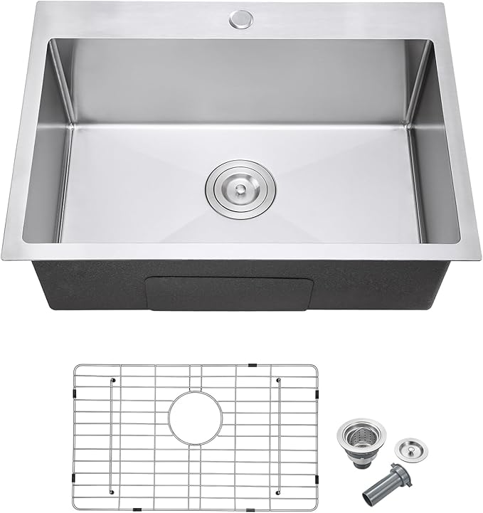 MENATT 24x18 Inch Drop in Kitchen Sink, 304 Stainless Steel Single Bowl with Bottom Grid Mat & X-Shape Drain, 9" Deep Compact Sink for Small Kitchen, Apartment, Wet Bar, Office Pantry, Laundry Room