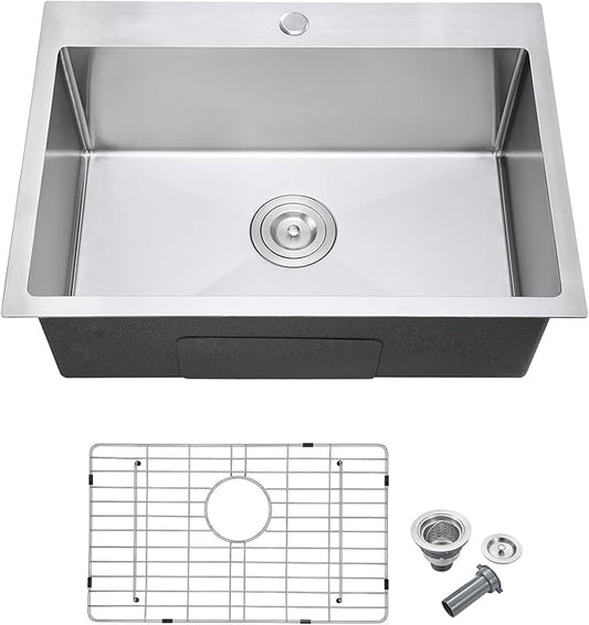 MENATT 24x18 Inch Drop in Kitchen Sink, 304 Stainless Steel Single Bowl with Bottom Grid Mat & X-Shape Drain, 9" Deep Compact Sink for Small Kitchen, Apartment, Wet Bar, Office Pantry, Laundry Room