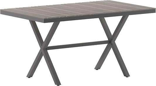 Flash Furniture Finch Commercial Grade X-Frame Outdoor Dining Table 59" x 35.5" with Faux Teak Poly Slats and Metal Frame, Gray/Gray