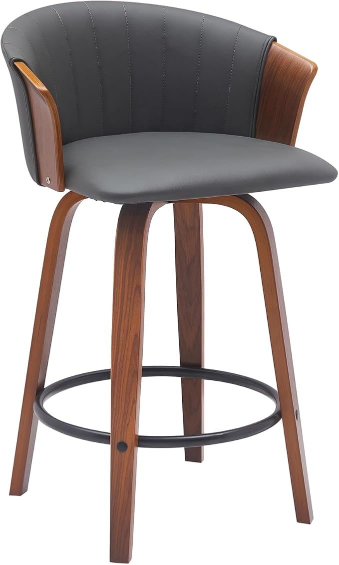 Armen Living Diana 26" Seat Height Mid Century Modern Swivel Walnut Wood Bar Stool for Kitchen Island Counter in Gray Faux Leather