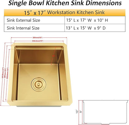 Gold Bar Sink, 16 Gauge T-304 Stainless Steel Undermount Kitchen Sink, 15 Inch Small Kitchen Sink with Accessories, 15" x 17" x 10" Single Bowl Workstation Sink For Wet Bar, Outdoor, RV