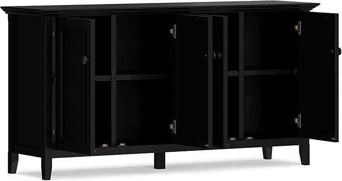 SIMPLIHOME Amherst Storage Cabinet - 66 inch Wide Solid Wood 4-Shelf Sideboard Cabinet in Black, Transitional Buffet for Living Room or Dining Room with 4 Doors and Adjustable Shelves