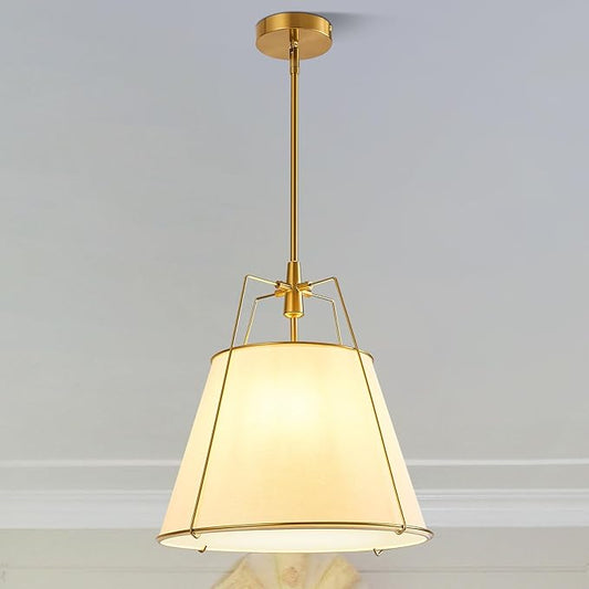 Modern Pendant Light Fixtures with 16" Off-White Linen Fabric Shade, Adjustable Hanging Light Fixture,3-Light Drum Gold Vintage Chandelier for Kitchen Island Bedroom Dining Room Foyer