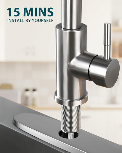 Hiqufet Kitchen Sink Faucet with Pull Down Sprayer with Deck Plate, Brushed Nickel High ArcFaucet, Stainless Steel Modern RV Bar Sink Faucets for Pot Filler, Farmhouse Camper Bar Laundry Room