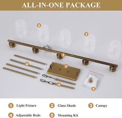 Mecgirn Island Light for Kitchen, Brushed Brass Dining Room Light Fixture Over Table, 5-Light Linear Chandelier Pendant Lighting for Dining Table Kitchen Island Living Room