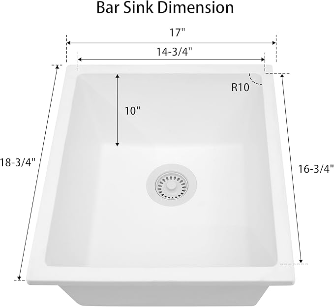 White Bar Sink, White Granite Composite Kitchen Sinks With Accessories, 17 Inch Undermount Quartz Stone Kitchen Sinks, 17" x 19" x 10" Small Kitchen Sink used for RV, Bar, Outdoor and Wet Bar