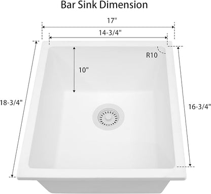 White Bar Sink, White Granite Composite Kitchen Sinks With Accessories, 17 Inch Undermount Quartz Stone Kitchen Sinks, 17" x 19" x 10" Small Kitchen Sink used for RV, Bar, Outdoor and Wet Bar