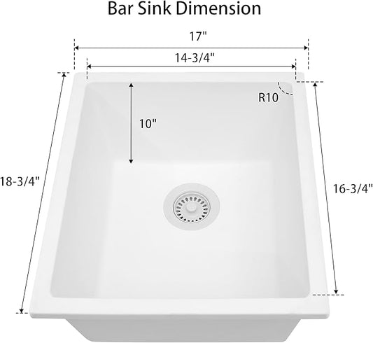 White Bar Sink, White Granite Composite Kitchen Sinks With Accessories, 17 Inch Undermount Quartz Stone Kitchen Sinks, 17" x 19" x 10" Small Kitchen Sink used for RV, Bar, Outdoor and Wet Bar