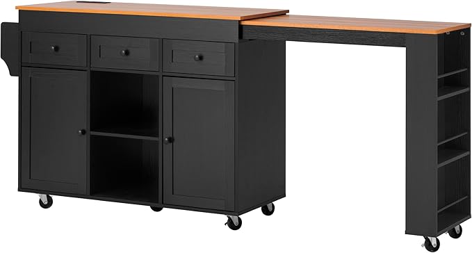 JIJIWANG 85.5" Kitchen Island with Extendable Dining Table for 4-6, Kitchen Storage Table with Cabinets and 3 Side Open Shelves, Rolling Island with Power Outlet, 3 Drawers and 2 Doors Black