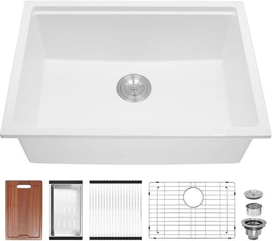 Davivy 27 Inch White Granite Sink Workstation, 27 X 19 Granite Composite Kitchen Sink Undermount & Drop in, Deep Single Bowl with Accessories