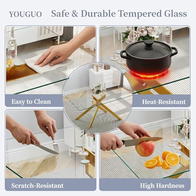 51.18" Rectangular Glass Dining Table, Tempered Glass Small Kitchen Table with Metal Tubular Legs, Stylish and Sturdy Gold Dinner Table for Home and Outdoor