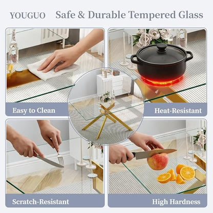 51.18" Rectangular Glass Dining Table, Tempered Glass Small Kitchen Table with Metal Tubular Legs, Stylish and Sturdy Gold Dinner Table for Home and Outdoor