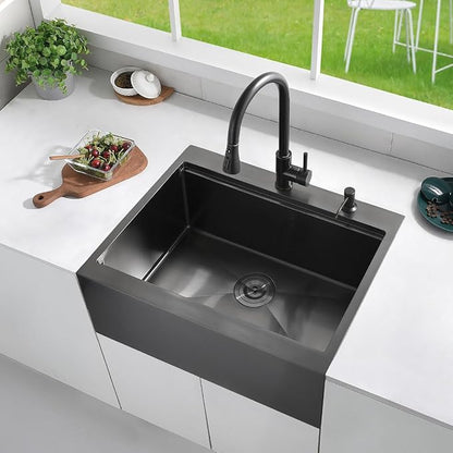 28 Black Drop In Farmhouse Kitchen Sink, Luckyhorse 16 Gauge Nano Black Stainless Steel 28x22 Inches Drop In Topmount Workstation Kitchen Farmhouse Sink With Apron Front LH008SZ