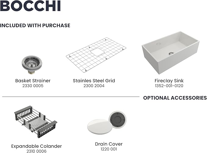BOCCHI Contempo Farmhouse Apron Front Fireclay 33 in. Single Bowl Kitchen Sink with Protective Bottom Grid and Strainer in White