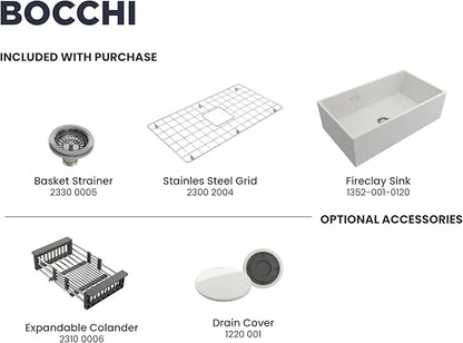 BOCCHI Contempo Farmhouse Apron Front Fireclay 33 in. Single Bowl Kitchen Sink with Protective Bottom Grid and Strainer in White