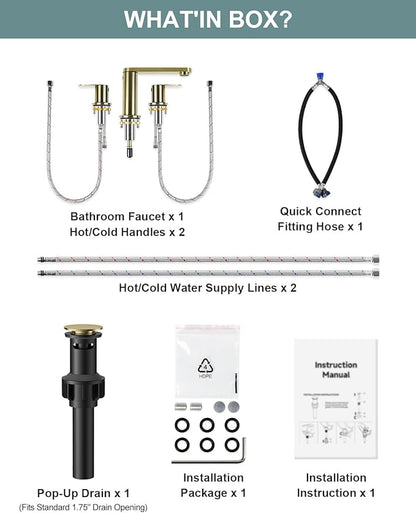 BWE 2 Pack Brushed Gold Bathroom Faucet 3 Hole, 8 Inch Widespread Gold Bathroom Faucets with Pop-up Drain and Supply Lines, 360° Swivel Spout 2-Handle Sink Faucet for Bath Vanity