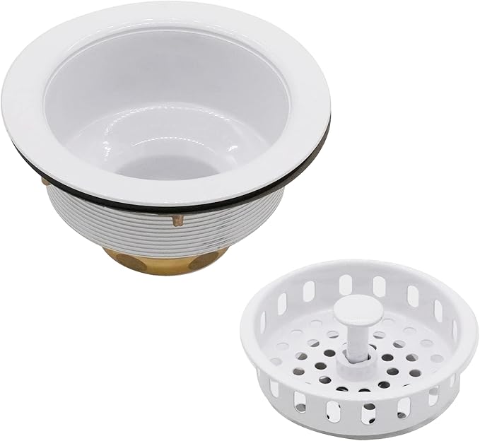 Westbrass A2165-50 4-1/4" OD Post Style Large Kitchen Basket Strainer with Waste Disposal Flange and Stopper Drain Set, Powder Coat White